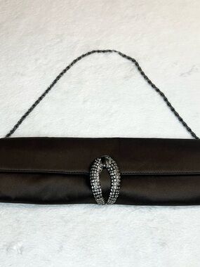 Rodo Vintage Black Satin Evening Clutch Swarovski Crystal Buckle & Chain Strap
